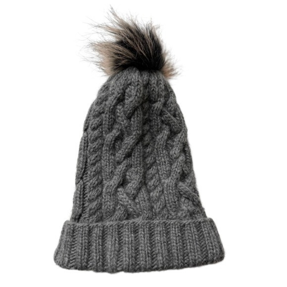 Nirvanna Gray Merino Wool Hand Knit Cable Knit Beanie Hat with Faux Fur Pom Pom - Picture 2 of 6